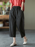 Cotton Linen Elastic Waist Solid Patchwork Women's Pants