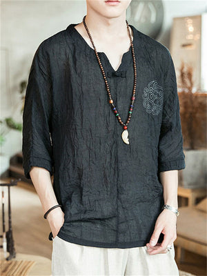 Chinese Style V-Neck Linen Blend T-shirt for Men