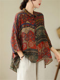 Ladies 3/4 Sleeve Ethnic Style Print Vintage Comfy Shirts