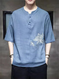 Lotus Flower Dragonfly Embroidered Men's Half Sleeve Shirts