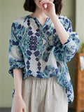 Summer Cozy V Neck Loose Print Long Sleeve Shirt for Women