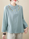 Women's Cute Flowers Embroidery Cotton Linen Long Sleeve Shirt