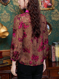 Rose Red Stand Collar Lantern Sleeve Retro Chiffon Shirt for Female