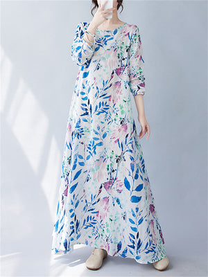 Summer Relaxed All-Over Blue Leaf Print Female Holiday Dress