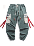 Crane Embroidery Red Cloth Multi-Pocket Pants for Men