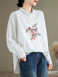 Women's Vibrant Flowers Embroidered Turn-down Collar Shirt