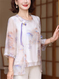 Women's Tassel Button Decoration Round Neck 3/4 Sleeve Shirt