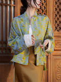 Luxury Peony Jacquard Women's Long Sleeve Tang Suit Shirt