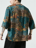 Retro Printed Ice Silk Rounded Collar Shirts for Male