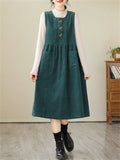 Women's Retro Daisy Embroidery Mid-Length Corduroy Dress