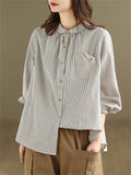 Female Popular Cotton Linen Button Up Pocket Striped Shirts