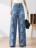 Women's Lace Flower Splicing High Waist Straight-Leg Jeans