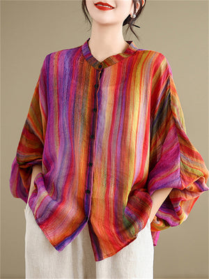 Women's Rainbow Stripe Loose Fit Lantern Sleeve Shirts