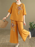 Female Ramie Embroidered Top + Wide Leg Pants Casual Two Piece Set