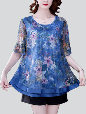 Elegant Round Neck Floral Print Smooth Chiffon Shirt for Lady