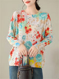 Contrast Color Flower Print Long Sleeve Knitted Shirt