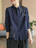 Floral Embroidery Spring Lapel Cotton Shirt for Women