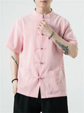 Men's Chinese Style Stand Collar Knot Button Summer Striped Shirt