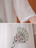 Chinese Style Peach Blossom Fan Embroidery Female Half Sleeve Shirt