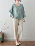 Female Ethnic Style Ginkgo Leaf Embroideried 3/4 Sleeve Shirt