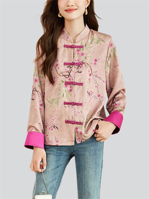 Chinese Style Peach Blossom Print Shirt for Women