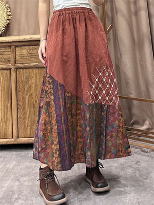 Women's Retro Splicing Embroidery Contrast Color A-line Skirt