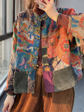 Ladies Retro Abstract Print Knot Button Patch Pocket Cotton Coat