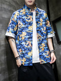 Men's Fashion Short-Sleeved Loong Printed Tang Suit Shirt