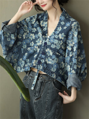 Female Casual V Neck Bat Sleeve Vintage Print Short Denim Jacket