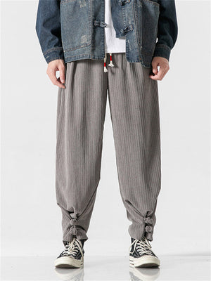 Men's Striped Textured Knot Button Ankle Tie Pants