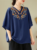 Women's Relaxed Elegant Floral Embroidered V-neck Shirts