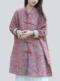 Women's Casual Leaf Print Stand Collar Cotton Linen Coat