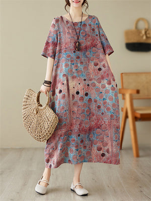 Summer Polka Dot Printed Crew Neck Dress for Women