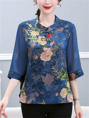 Women's Summer Elegant Peony Print Half Sleeve Shirt