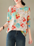 Contrast Color Flower Print Long Sleeve Knitted Shirt