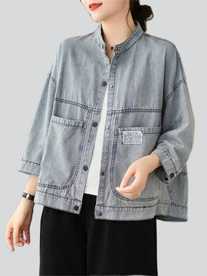 Women's Light Blue Stand Collar Patch Pocket Short Denim Jacket