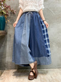 Women's Stylish Plaid Patchwork Drawstring Wide-Leg Jeans