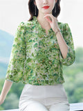 Elegant Ruffled Collar 3/4 Sleeve Floral Pattern Shirt for Women