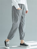 Female Asymmetrical Pockets Elastic Waist Striped Pants