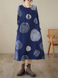 Lady Ethnic Style Polka Dot Fleece-lined Winter Cotton Linen Dress