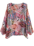 Summer Cozy V Neck Loose Print Long Sleeve Shirt for Women