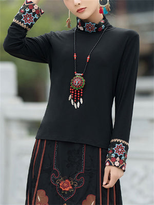 Ethnic High Neck Flower Embroidery Black Shirt for Women