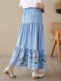 Women's Gentle Polka Dot Flower Print Pleated Denim Skirt