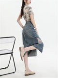 Women's Semicircle Embroidery Front Split Denim Skirts