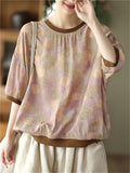 Women's Linen Silky Round Neck Short Sleeve Print Shirt