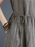 Retro Plaid Sleeveless Cotton Linen Midi Dress for Women