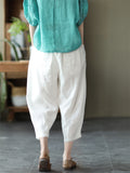 Cotton Linen Elastic Waist Solid Patchwork Women's Pants