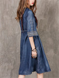 Retro V Neck Half Sleeve Embroidery Female Denim Dress