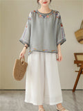 Ladies Ethnic Style Floral Embroidery Round Neck Shirts