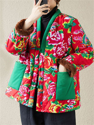 Country Style Red & Green Floral Print V-Neck Plush Liner Coat